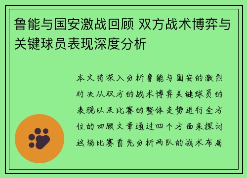 鲁能与国安激战回顾 双方战术博弈与关键球员表现深度分析