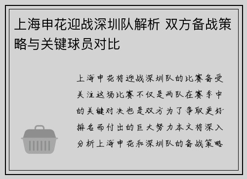 上海申花迎战深圳队解析 双方备战策略与关键球员对比