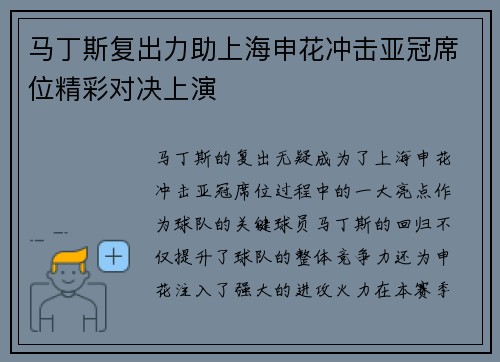 马丁斯复出力助上海申花冲击亚冠席位精彩对决上演